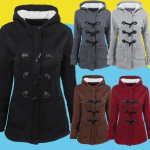 Women's Coat Horn Button Overcoat Female Cardigan Thick Mid-length Hooded Jacket