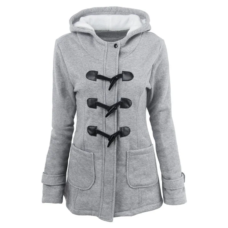Women's Coat Horn Button Overcoat Female Cardigan Thick Mid-length Hooded Jacket