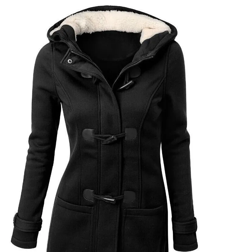 Women's Coat Horn Button Overcoat Female Cardigan Thick Mid-length Hooded Jacket