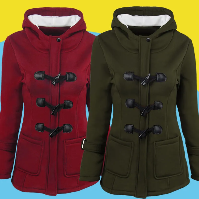 Women's Coat Horn Button Overcoat Female Cardigan Thick Mid-length Hooded Jacket