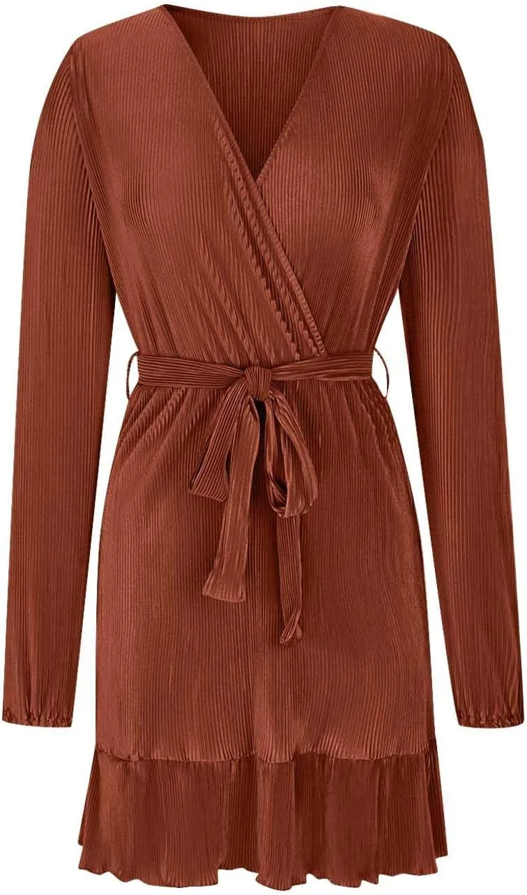 Women's Fall Winter Casual Long Sleeve V Neck Dress Waist Tie Ruffle Hem Trendy Elegant Solid Color Mini Swing Dresses