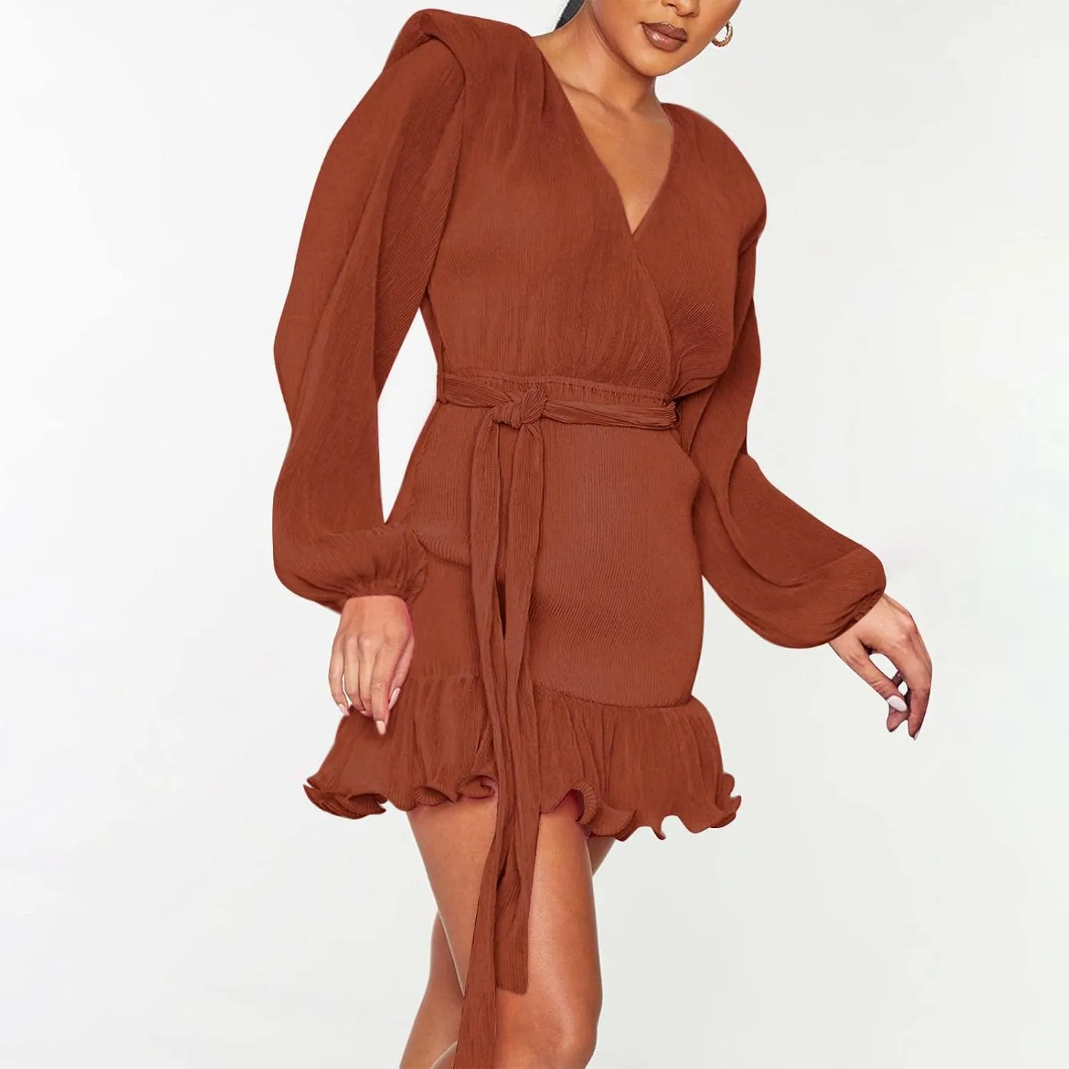 Women's Fall Winter Casual Long Sleeve V Neck Dress Waist Tie Ruffle Hem Trendy Elegant Solid Color Mini Swing Dresses