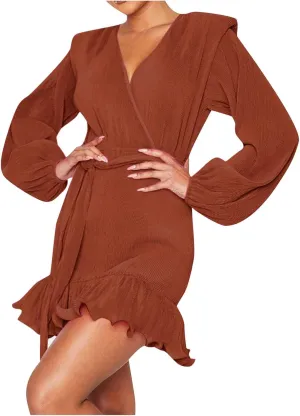 Women's Fall Winter Casual Long Sleeve V Neck Dress Waist Tie Ruffle Hem Trendy Elegant Solid Color Mini Swing Dresses