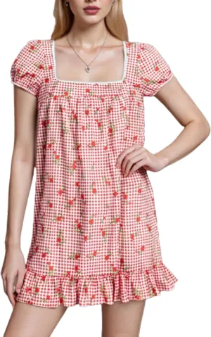 Women's Floral Print Mini Dress Summer Casual Short Sleeve Square Neck Ruffle Hem Babydoll Loose Short Dress