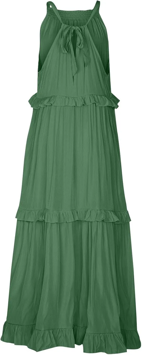 Womens Halter Boho Maxi Dress Summer Sleeveless Flowy Swing Tiered Dress Loose Ruffle Hem Elegant Wedding Guest Dress