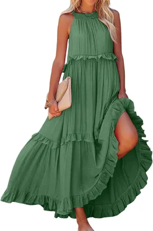 Womens Halter Boho Maxi Dress Summer Sleeveless Flowy Swing Tiered Dress Loose Ruffle Hem Elegant Wedding Guest Dress
