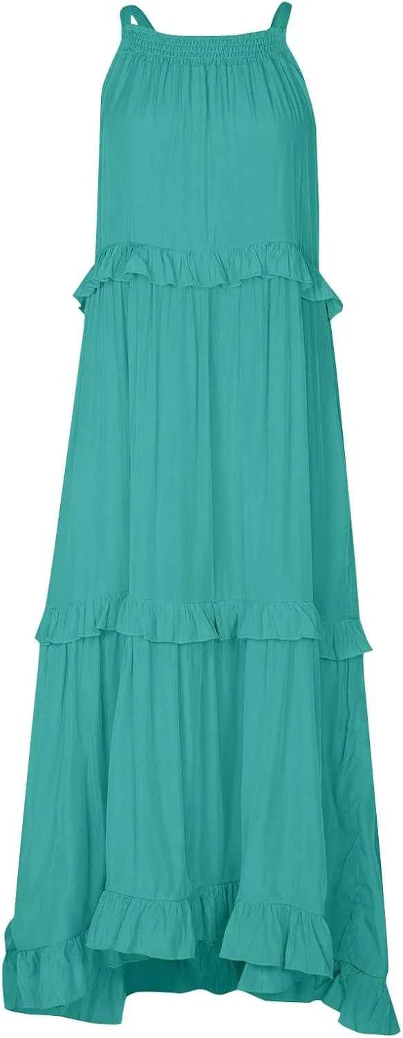 Womens Halter Boho Maxi Dress Summer Sleeveless Flowy Swing Tiered Dress Loose Ruffle Hem Elegant Wedding Guest Dress