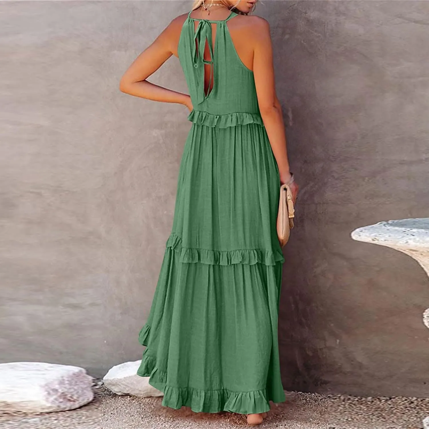 Womens Halter Boho Maxi Dress Summer Sleeveless Flowy Swing Tiered Dress Loose Ruffle Hem Elegant Wedding Guest Dress