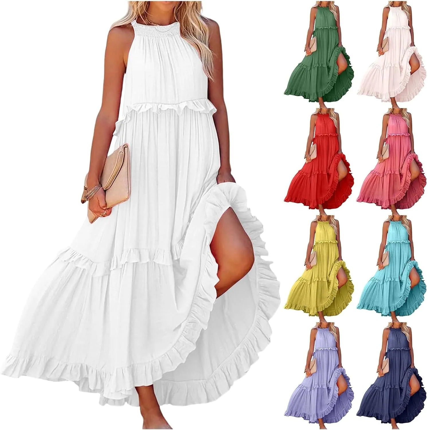 Womens Halter Boho Maxi Dress Summer Sleeveless Flowy Swing Tiered Dress Loose Ruffle Hem Elegant Wedding Guest Dress