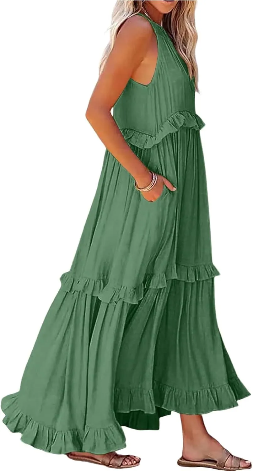 Womens Halter Boho Maxi Dress Summer Sleeveless Flowy Swing Tiered Dress Loose Ruffle Hem Elegant Wedding Guest Dress