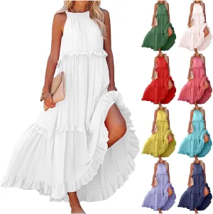 Womens Halter Boho Maxi Dress Summer Sleeveless Flowy Swing Tiered Dress Loose Ruffle Hem Elegant Wedding Guest Dress