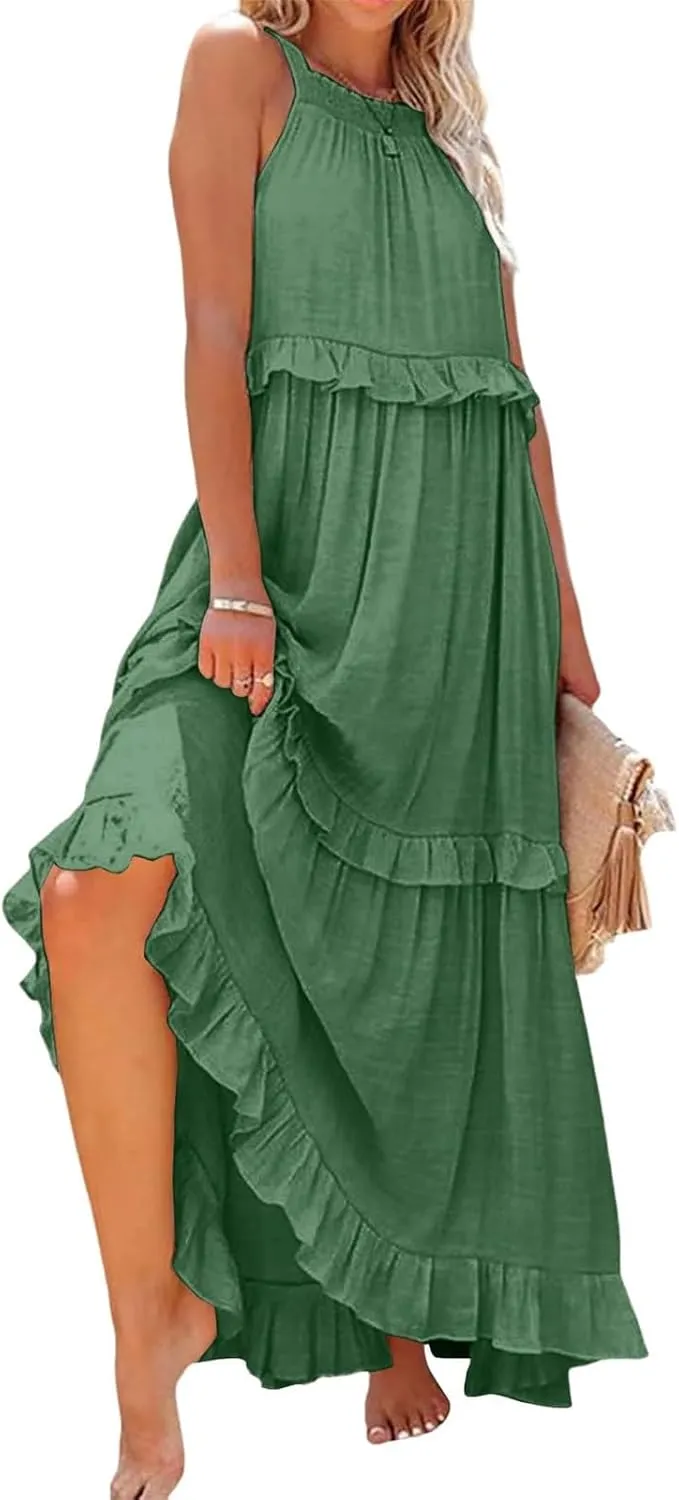 Womens Halter Boho Maxi Dress Summer Sleeveless Flowy Swing Tiered Dress Loose Ruffle Hem Elegant Wedding Guest Dress