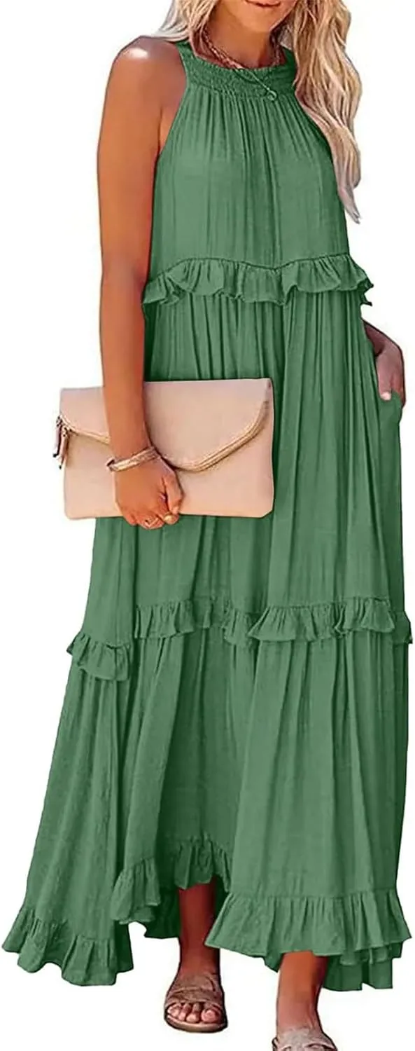 Womens Halter Boho Maxi Dress Summer Sleeveless Flowy Swing Tiered Dress Loose Ruffle Hem Elegant Wedding Guest Dress