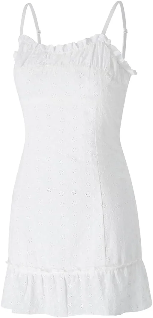 Women's Lace Mini Dress Floral Sleeveless Spaghetti Strap Tie Front Ruffle Hem Short Dresses Casual Streetwear