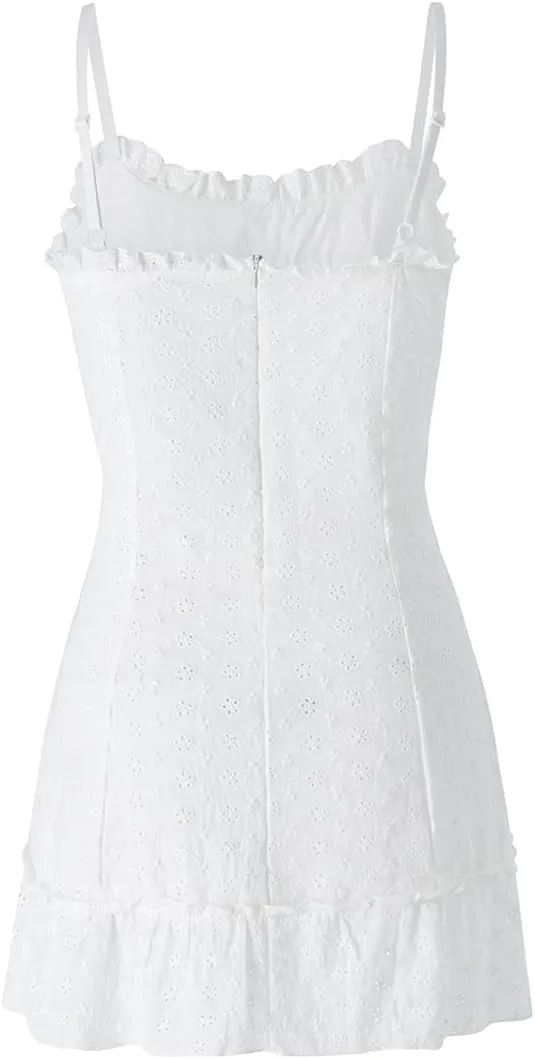Women's Lace Mini Dress Floral Sleeveless Spaghetti Strap Tie Front Ruffle Hem Short Dresses Casual Streetwear