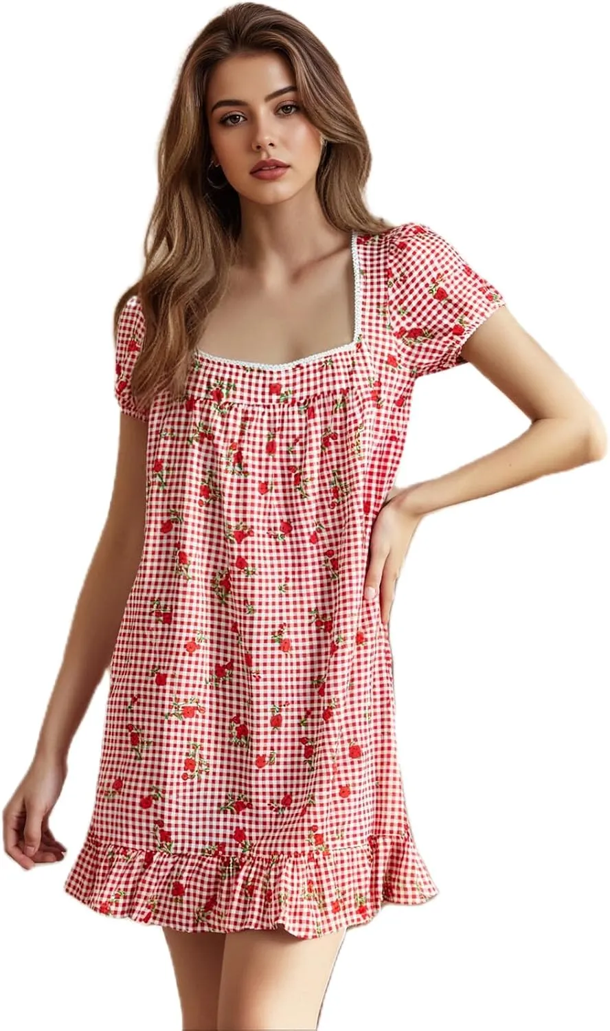 Womens Mini Dress Floral Print Short Sleeve Square Neck Ruffle Hem Babydoll Dress Summer Casual Sundress