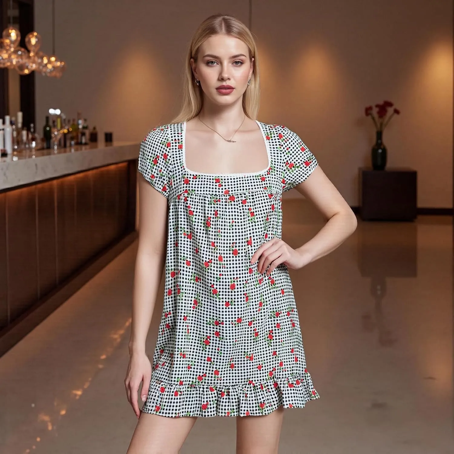 Womens Mini Dress Floral Print Short Sleeve Square Neck Ruffle Hem Babydoll Dress Summer Casual Sundress