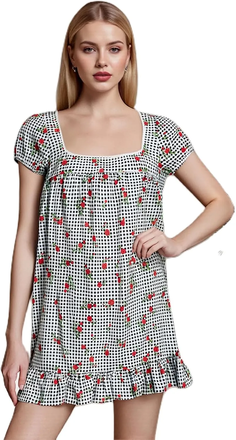 Womens Mini Dress Floral Print Short Sleeve Square Neck Ruffle Hem Babydoll Dress Summer Casual Sundress