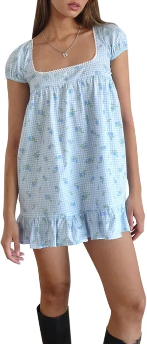 Womens Mini Dress Floral Print Short Sleeve Square Neck Ruffle Hem Babydoll Dress Summer Casual Sundress