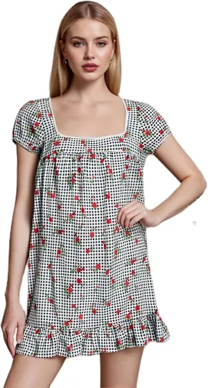 Womens Mini Dress Floral Print Short Sleeve Square Neck Ruffle Hem Babydoll Dress Summer Casual Sundress