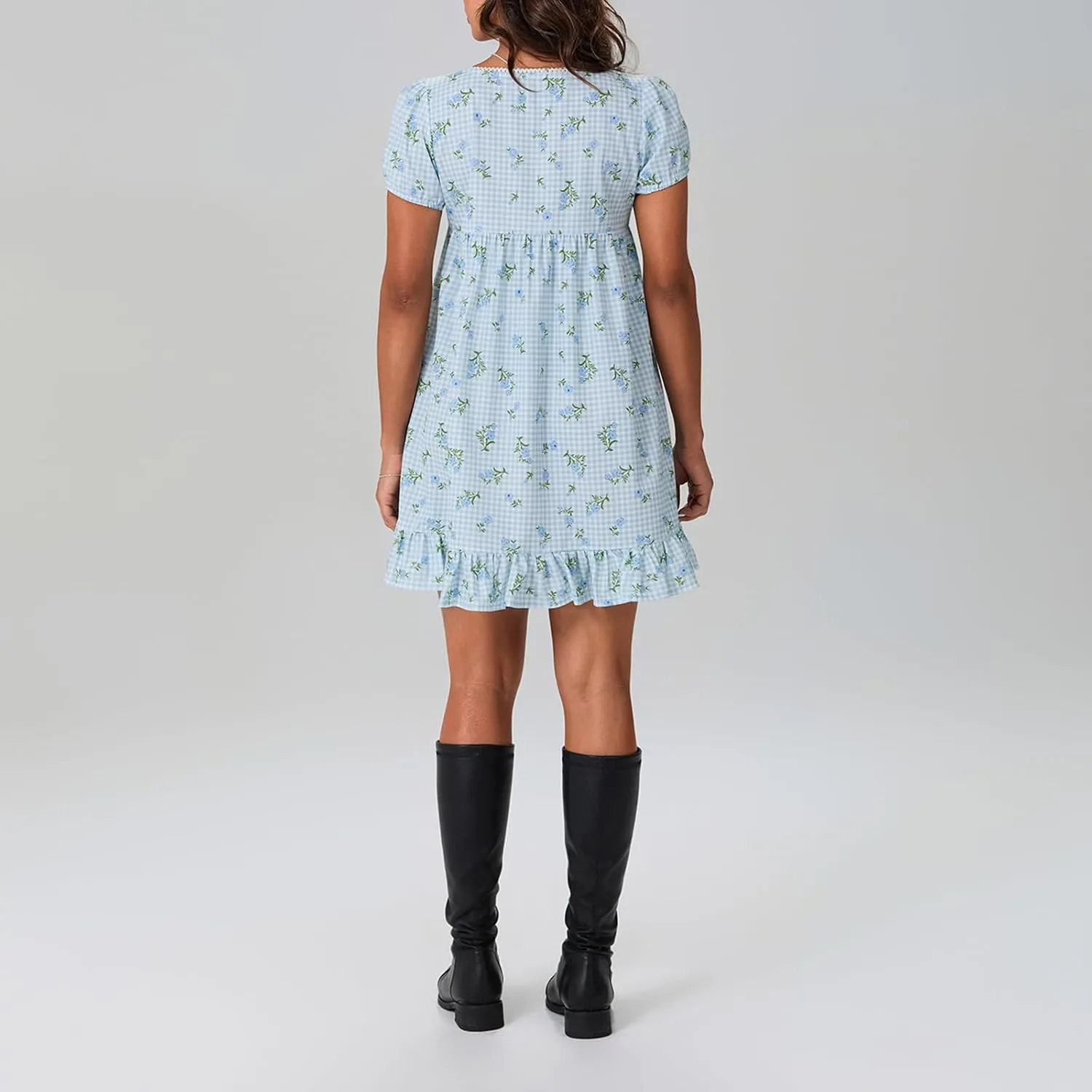 Womens Mini Dress Floral Print Short Sleeve Square Neck Ruffle Hem Babydoll Dress Summer Casual Sundress