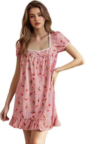 Womens Mini Dress Floral Print Short Sleeve Square Neck Ruffle Hem Babydoll Dress Summer Casual Sundress