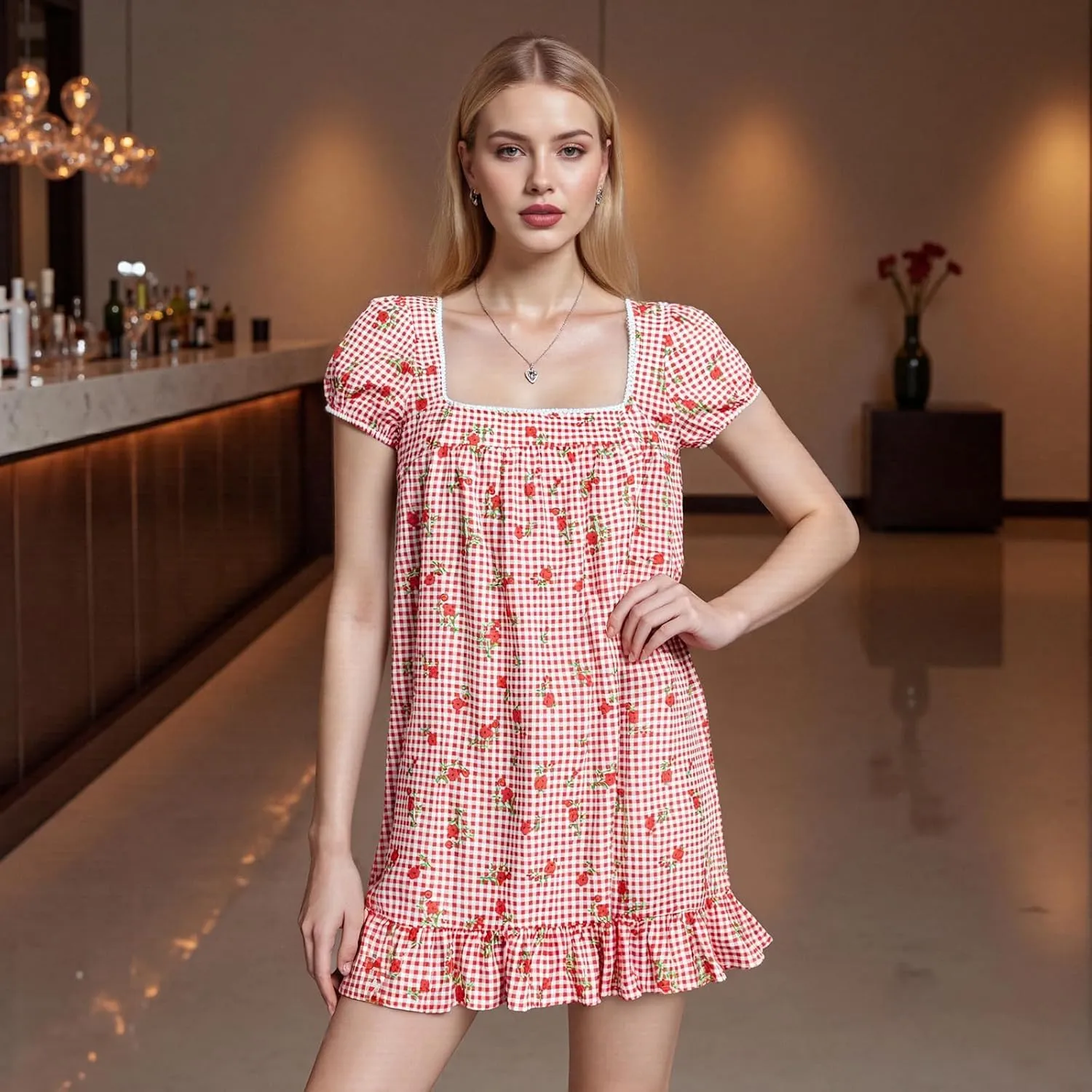 Womens Mini Dress Floral Print Short Sleeve Square Neck Ruffle Hem Babydoll Dress Summer Casual Sundress