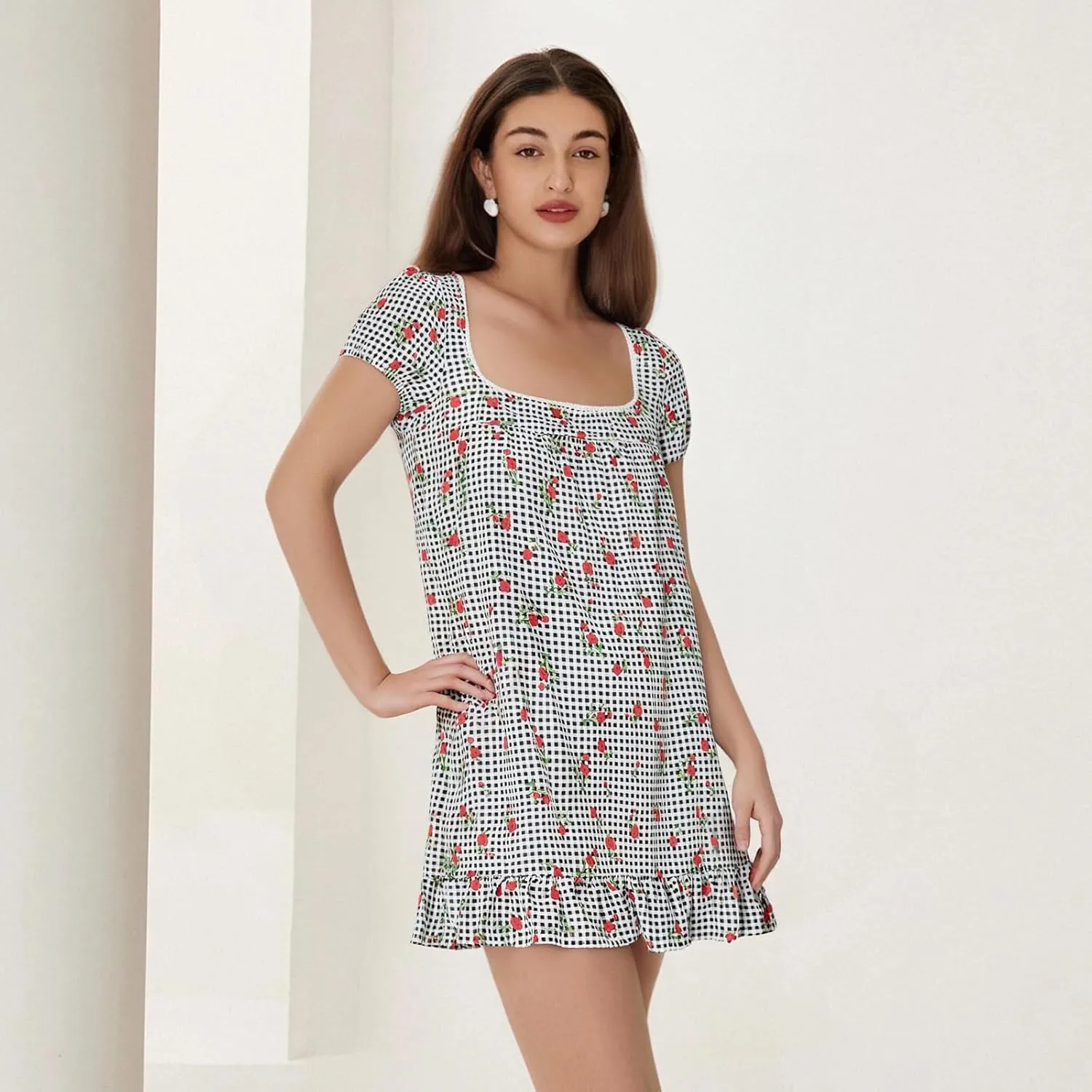 Womens Mini Dress Floral Print Short Sleeve Square Neck Ruffle Hem Babydoll Dress Summer Casual Sundress