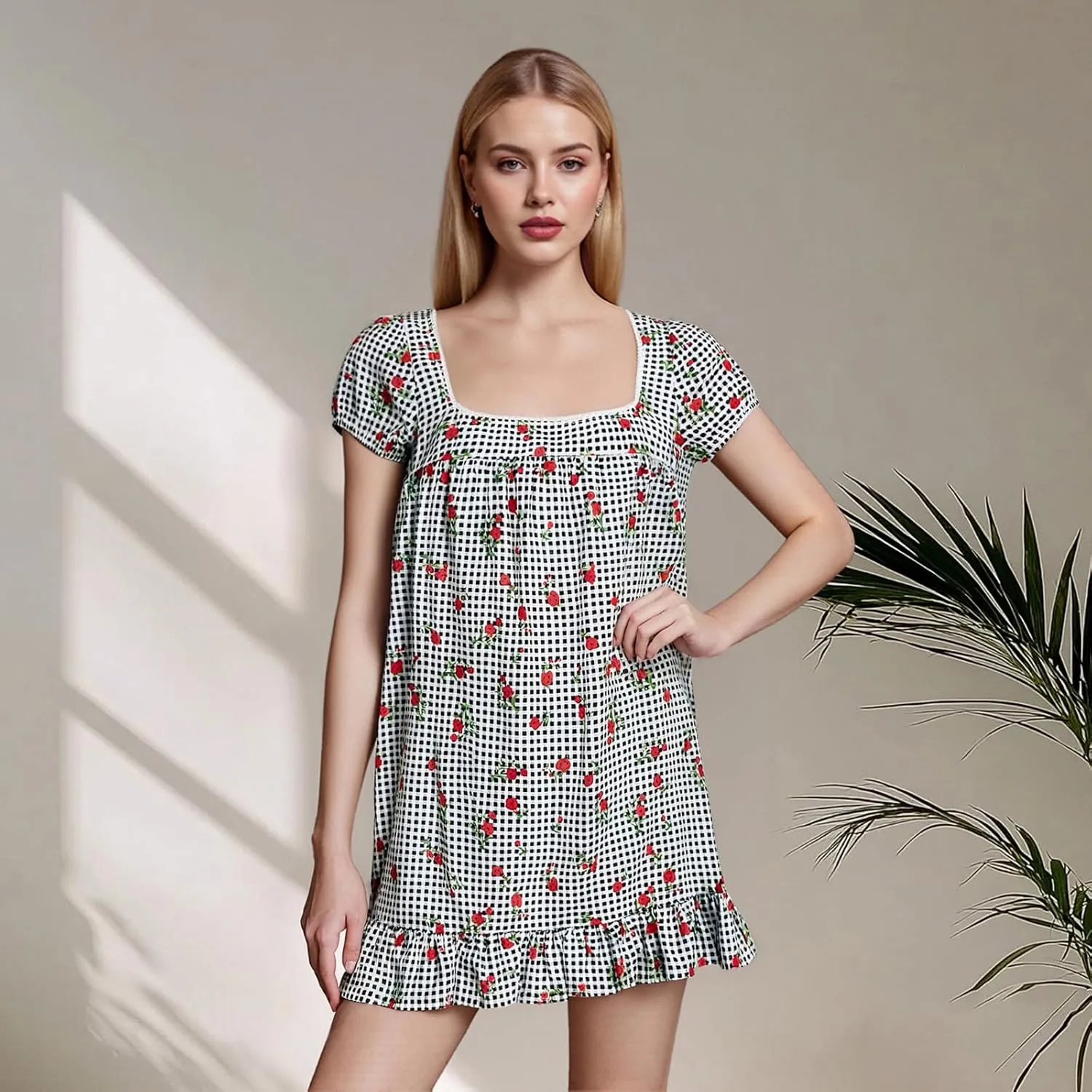 Womens Mini Dress Floral Print Short Sleeve Square Neck Ruffle Hem Babydoll Dress Summer Casual Sundress