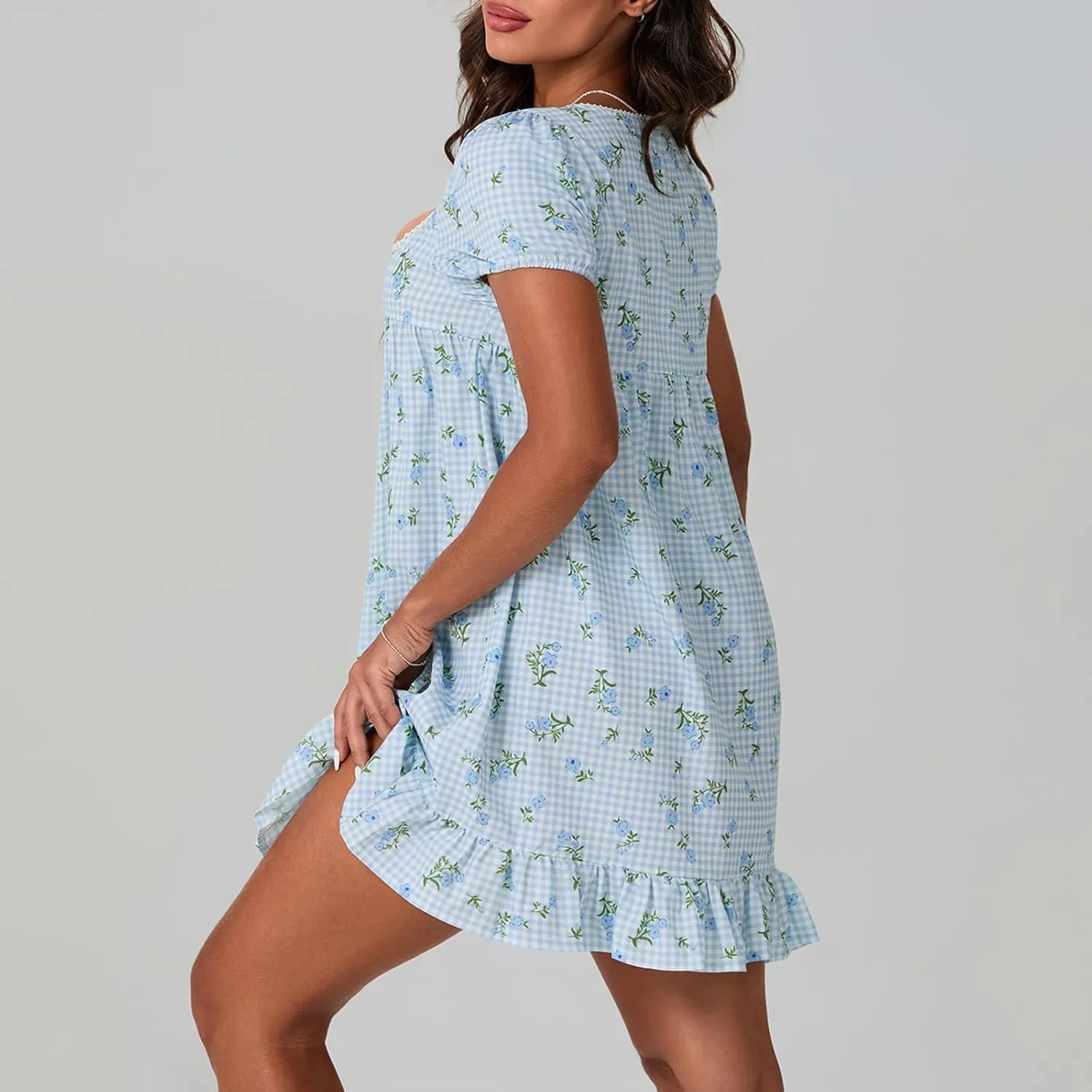 Womens Mini Dress Floral Print Short Sleeve Square Neck Ruffle Hem Babydoll Dress Summer Casual Sundress