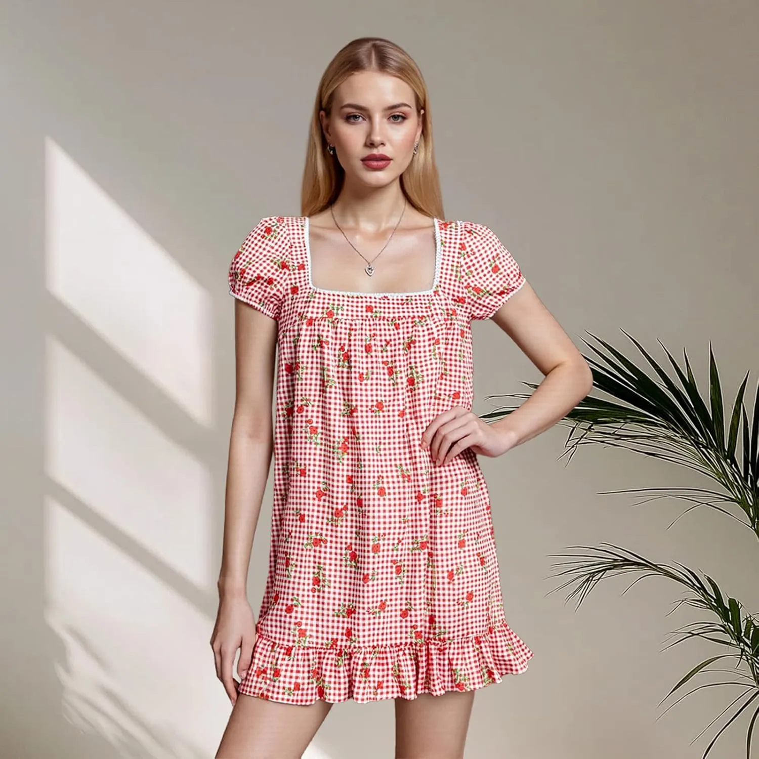 Womens Mini Dress Floral Print Short Sleeve Square Neck Ruffle Hem Babydoll Dress Summer Casual Sundress