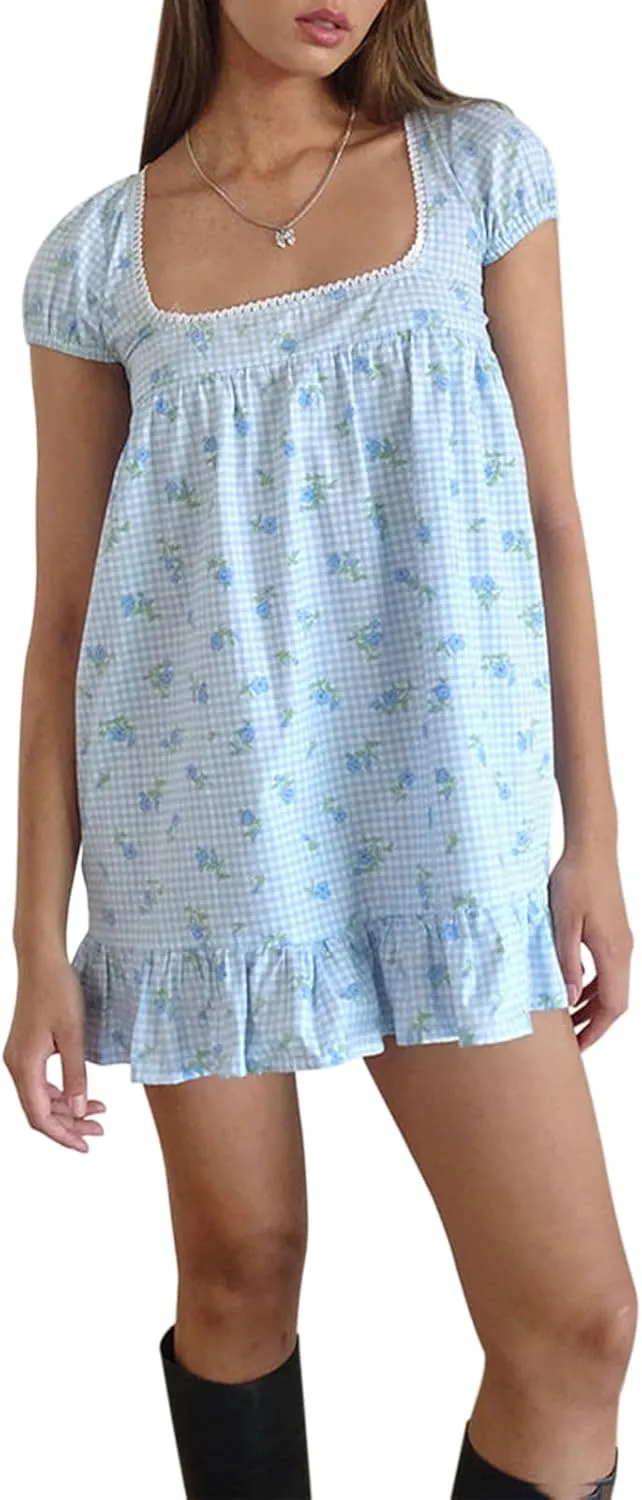 Womens Mini Dress Floral Print Short Sleeve Square Neck Ruffle Hem Babydoll Dress Summer Casual Sundress