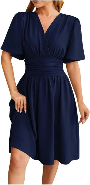 Womens Mini Dress Sexy Elegant Short Sleeve V Neck Casual Short Dresses Summer A-line Pleated Hem Flowy Party Dress