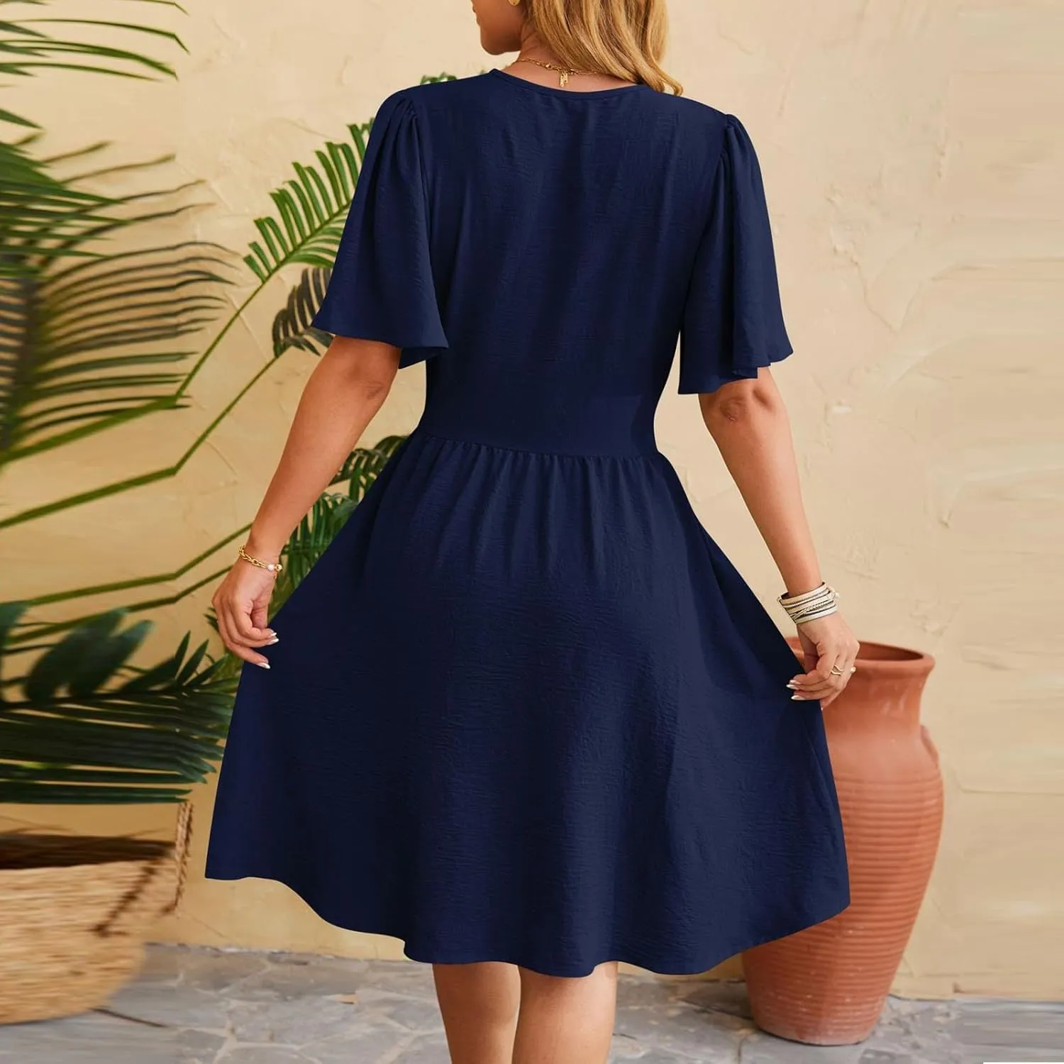 Womens Mini Dress Sexy Elegant Short Sleeve V Neck Casual Short Dresses Summer A-line Pleated Hem Flowy Party Dress