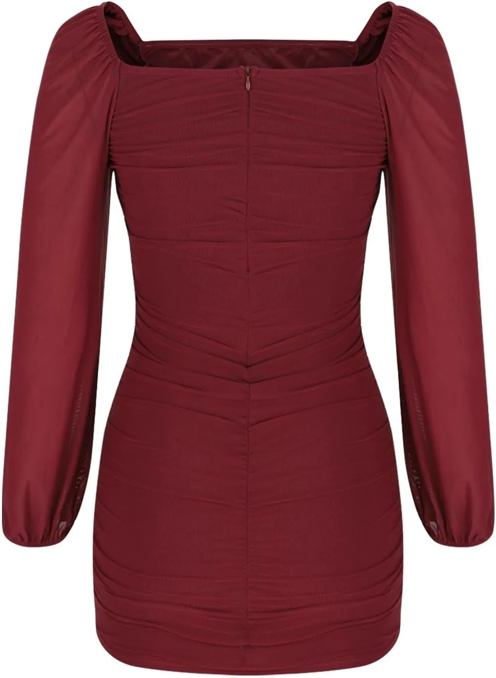 Womens Ruched Bodycon Dress Dressy Square Neck Lantern Long Sleeve Stretch Mesh Slim Fit Party Cocktail Mini Dresses