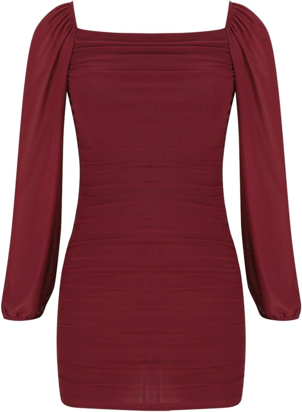 Womens Ruched Bodycon Dress Dressy Square Neck Lantern Long Sleeve Stretch Mesh Slim Fit Party Cocktail Mini Dresses