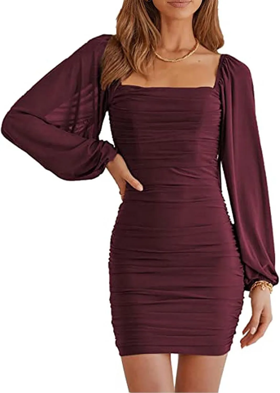 Womens Ruched Bodycon Dress Dressy Square Neck Lantern Long Sleeve Stretch Mesh Slim Fit Party Cocktail Mini Dresses