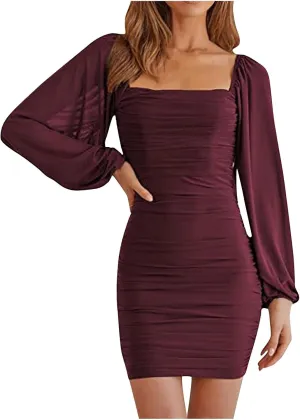 Womens Ruched Bodycon Dress Dressy Square Neck Lantern Long Sleeve Stretch Mesh Slim Fit Party Cocktail Mini Dresses