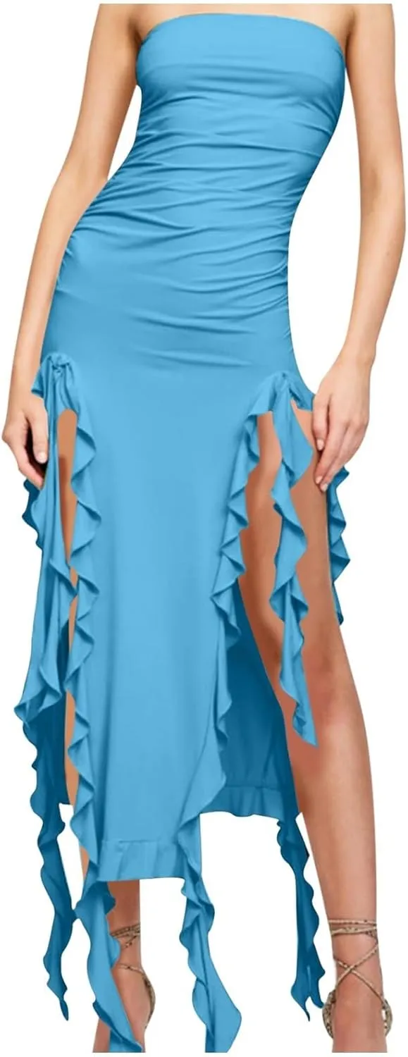 Women's Ruffle High Split Tube Bodycon Dress Ruched Sleeveless Strapless Sexy Dresses Party Club Prom Evening Dress
