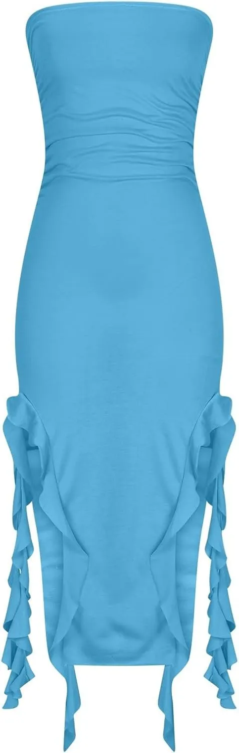 Women's Ruffle High Split Tube Bodycon Dress Ruched Sleeveless Strapless Sexy Dresses Party Club Prom Evening Dress