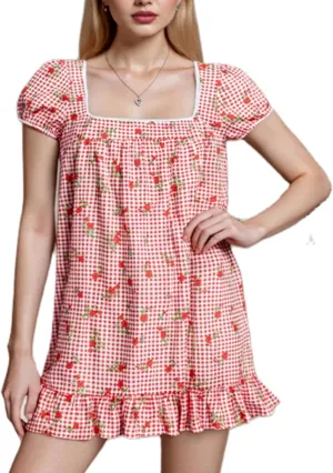 Women's Square Neck Floral Mini Dress Cute Plaid Floral Short Sleeve Ruffle Hem Babydoll Dress Teen Girl Sundresses
