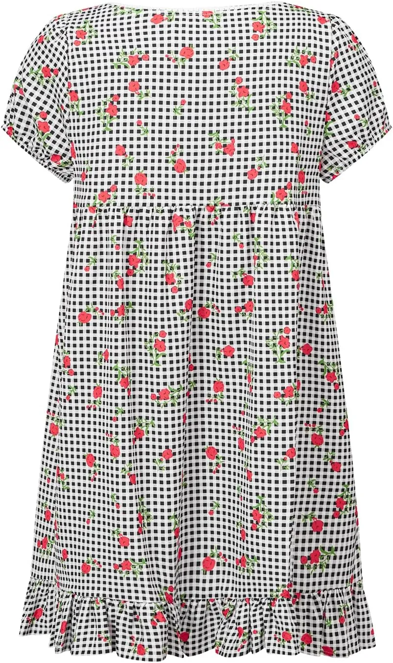Women's Square Neck Floral Mini Dress Cute Plaid Floral Short Sleeve Ruffle Hem Babydoll Dress Teen Girl Sundresses