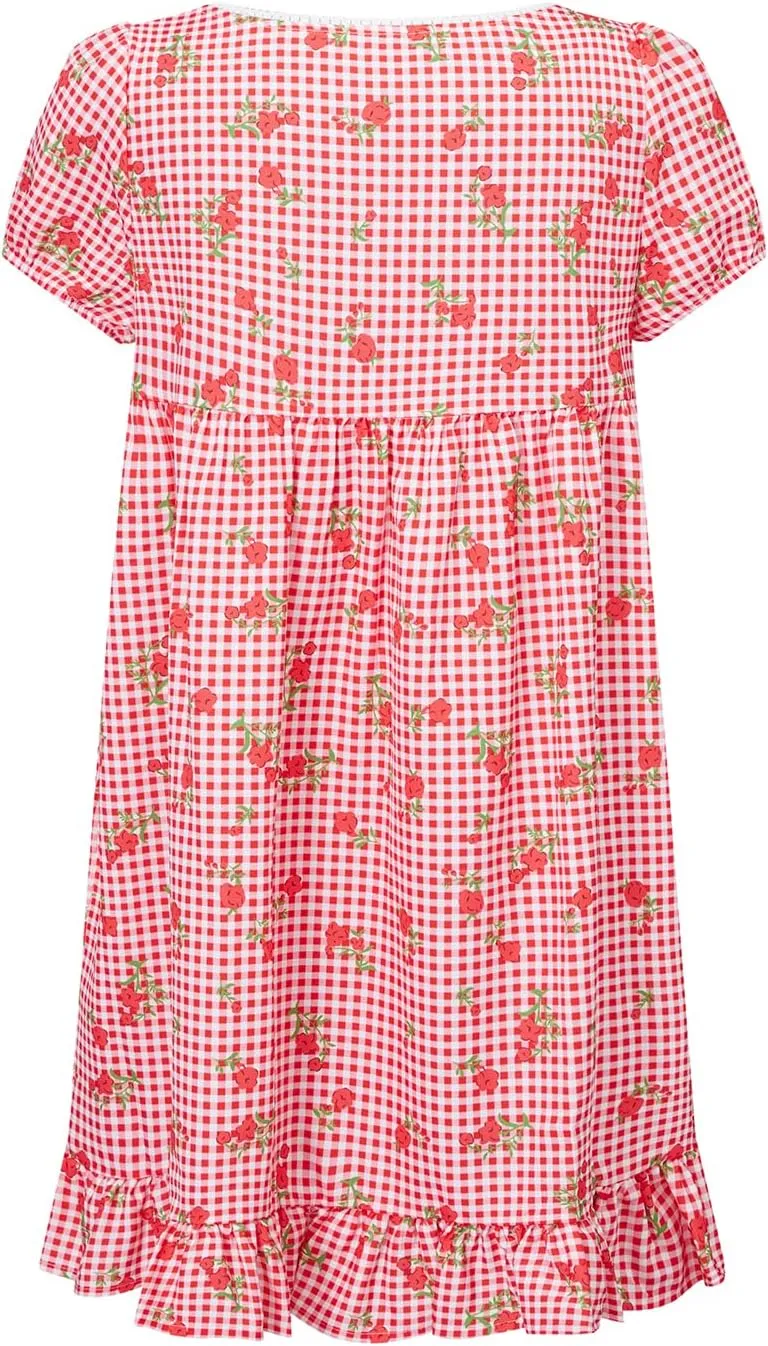 Women's Square Neck Floral Mini Dress Cute Plaid Floral Short Sleeve Ruffle Hem Babydoll Dress Teen Girl Sundresses