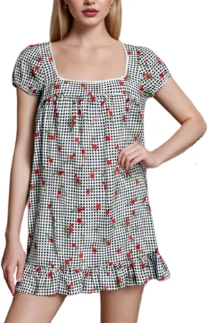 Women's Square Neck Floral Mini Dress Cute Plaid Floral Short Sleeve Ruffle Hem Babydoll Dress Teen Girl Sundresses
