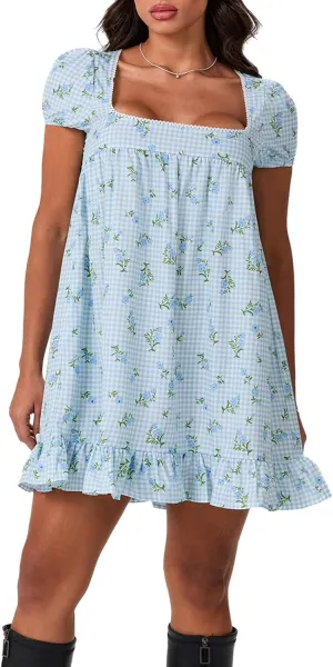 Women's Square Neck Floral Mini Dress Cute Plaid Floral Short Sleeve Ruffle Hem Babydoll Dress Teen Girl Sundresses