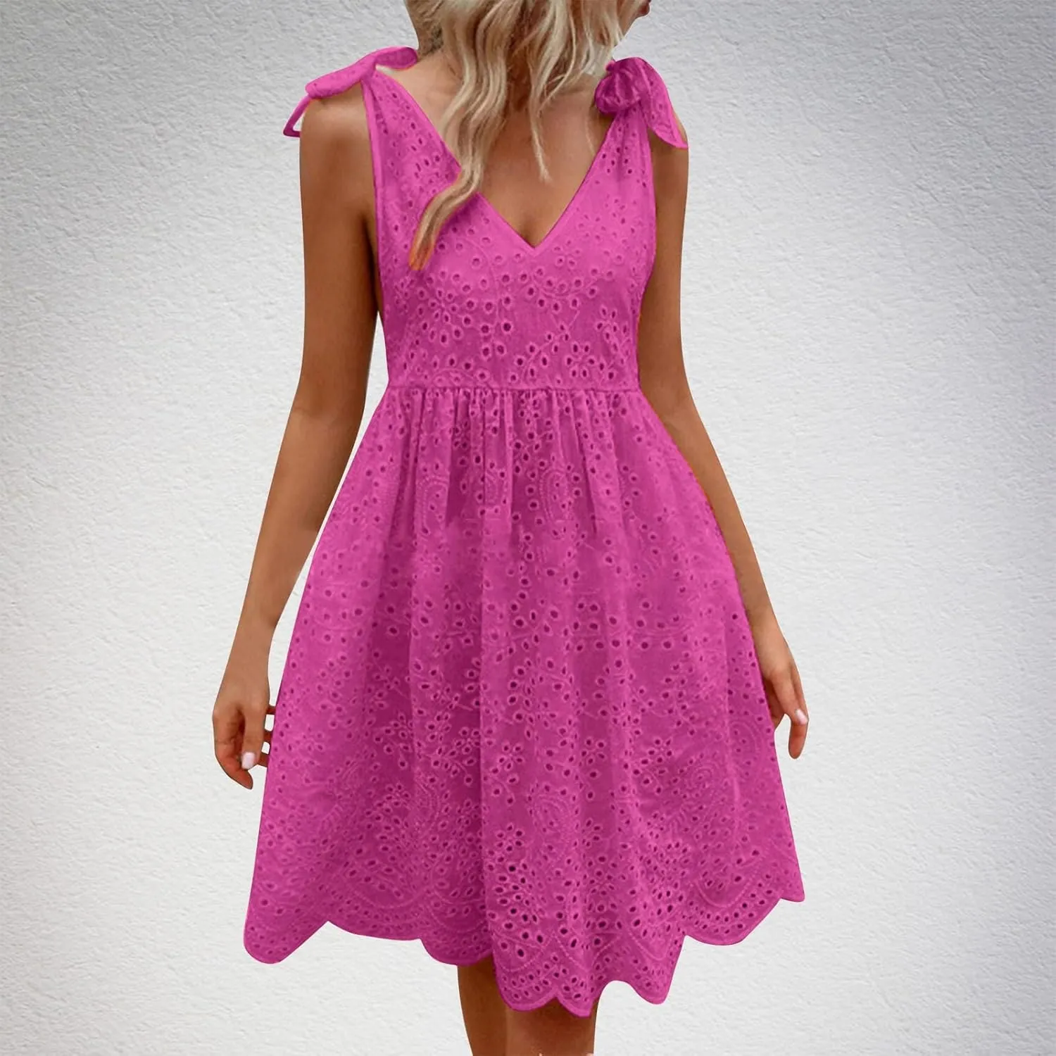 Womens Summer Casual Sleeveless V-Neck Tie Mini Dress Ruffle Pleated High Waist Tunic Dress Trendy Hollow Out Dress