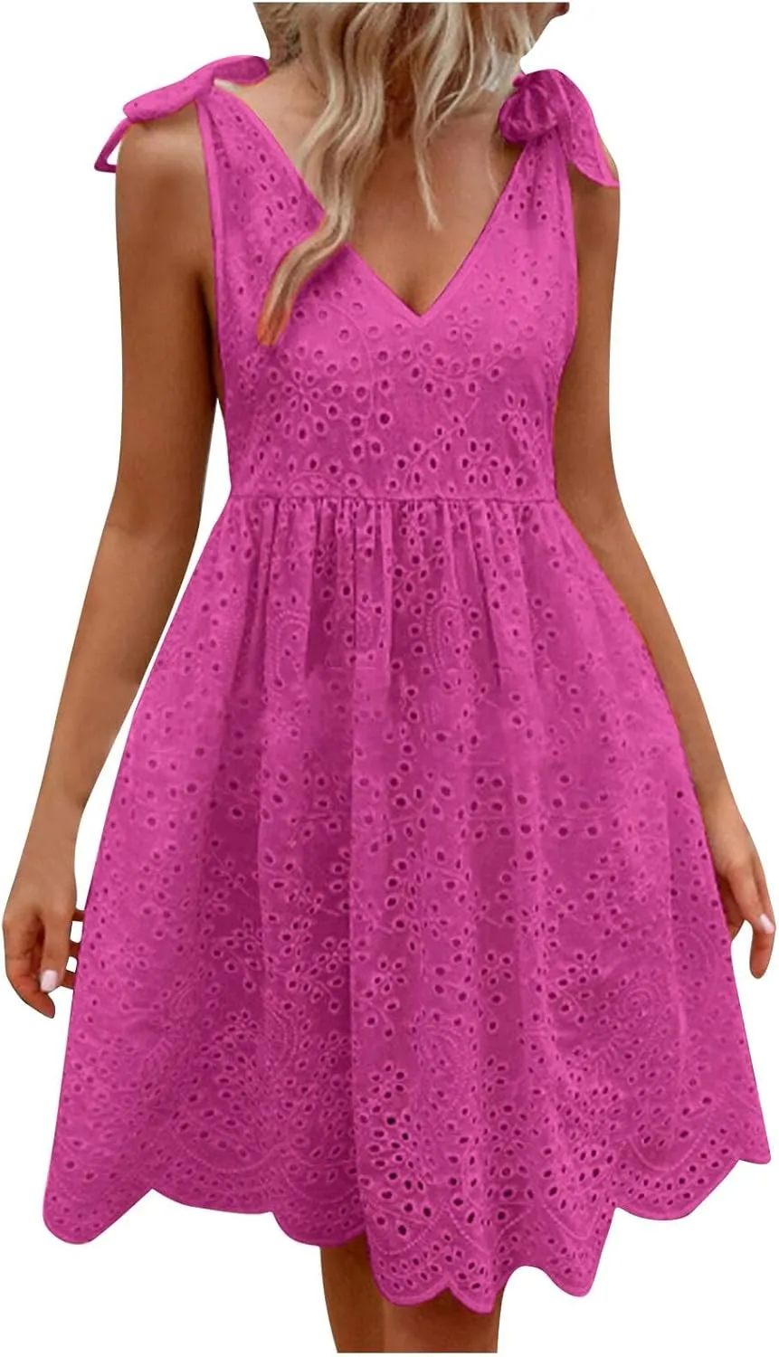 Womens Summer Casual Sleeveless V-Neck Tie Mini Dress Ruffle Pleated High Waist Tunic Dress Trendy Hollow Out Dress