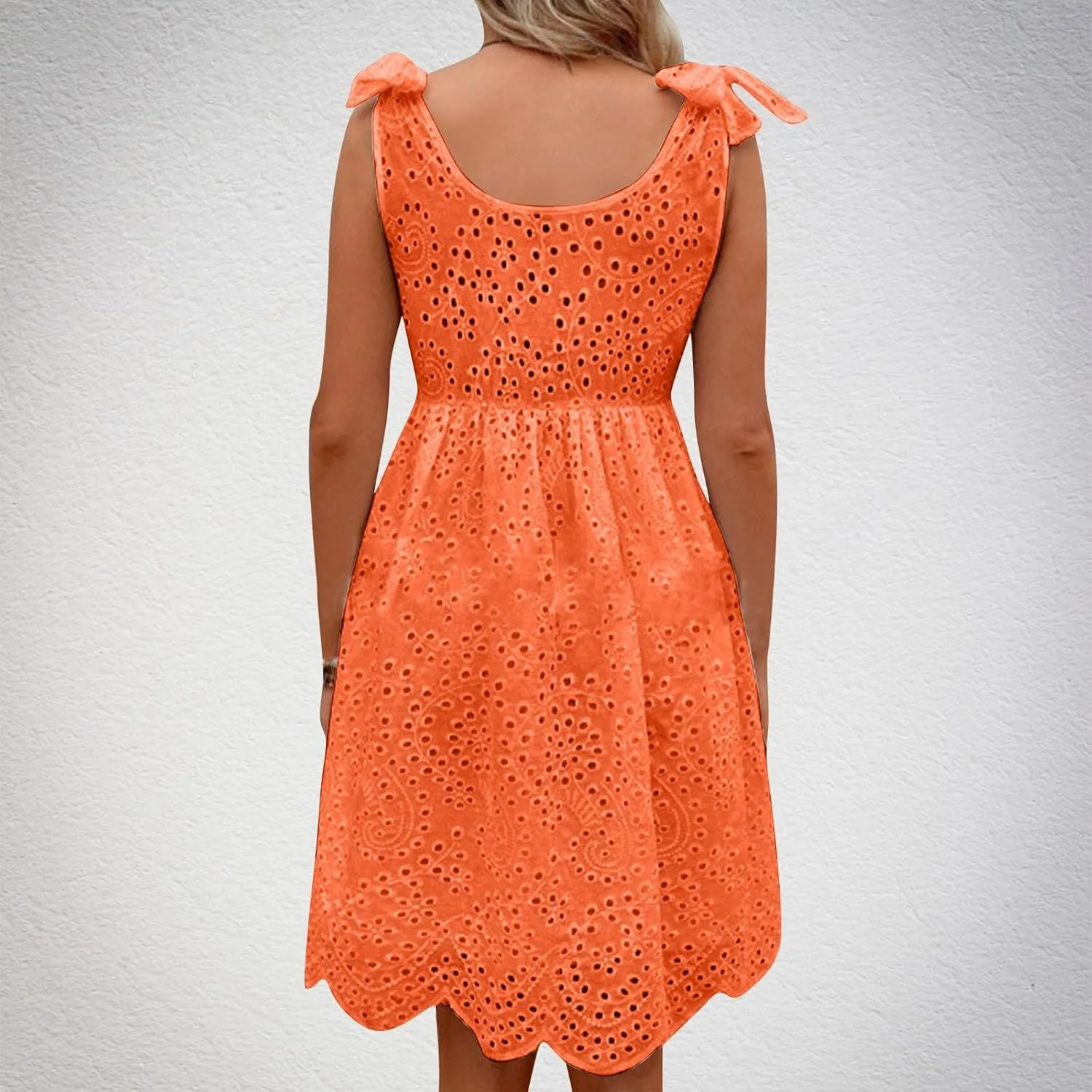 Womens Summer Casual Sleeveless V-Neck Tie Mini Dress Ruffle Pleated High Waist Tunic Dress Trendy Hollow Out Dress