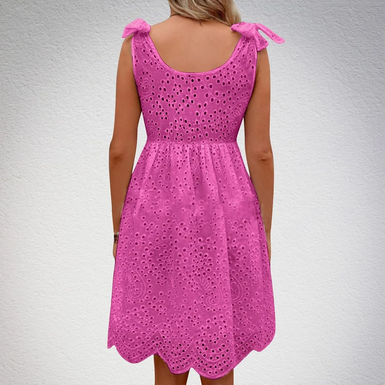 Womens Summer Casual Sleeveless V-Neck Tie Mini Dress Ruffle Pleated High Waist Tunic Dress Trendy Hollow Out Dress