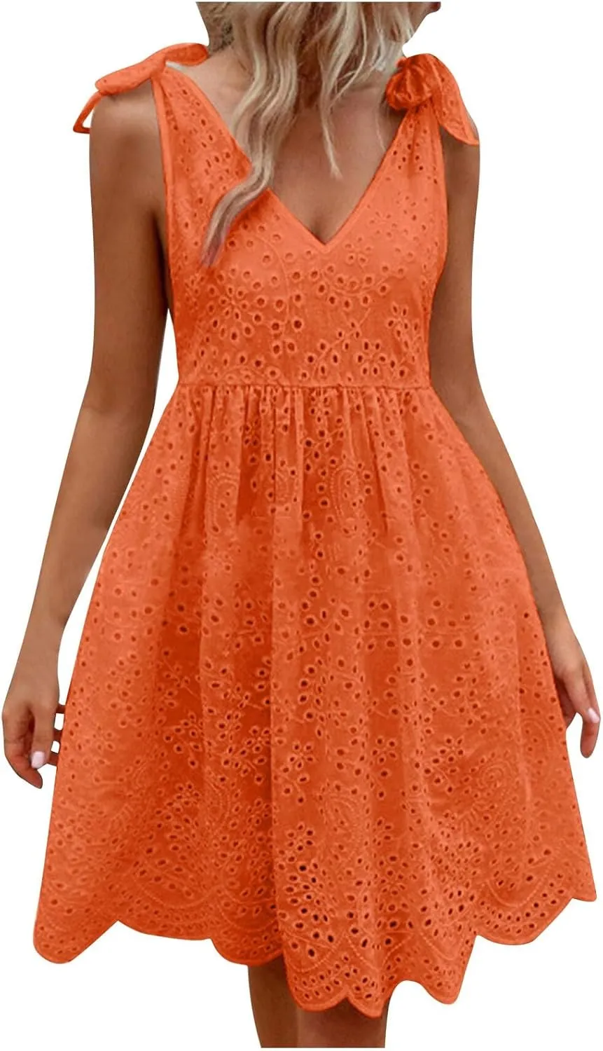 Womens Summer Casual Sleeveless V-Neck Tie Mini Dress Ruffle Pleated High Waist Tunic Dress Trendy Hollow Out Dress